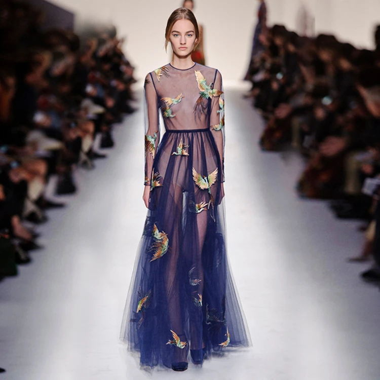参照オレンジ18ファッションショーシルクオーガンジー滑走路ドレス女性刺繍クレーンブルーメッシュロングドレスso3356 Runway Dress Fashion Long Dresslong Dress Aliexpress