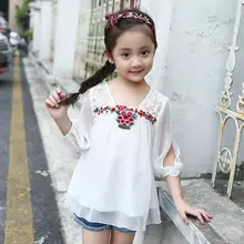 Новая летняя блузка для девочек, одежда для младенца, рубашки для девочек-подростков, белые шифоновые топы с короткими рукавами и цветочной вышивкой, JW2154