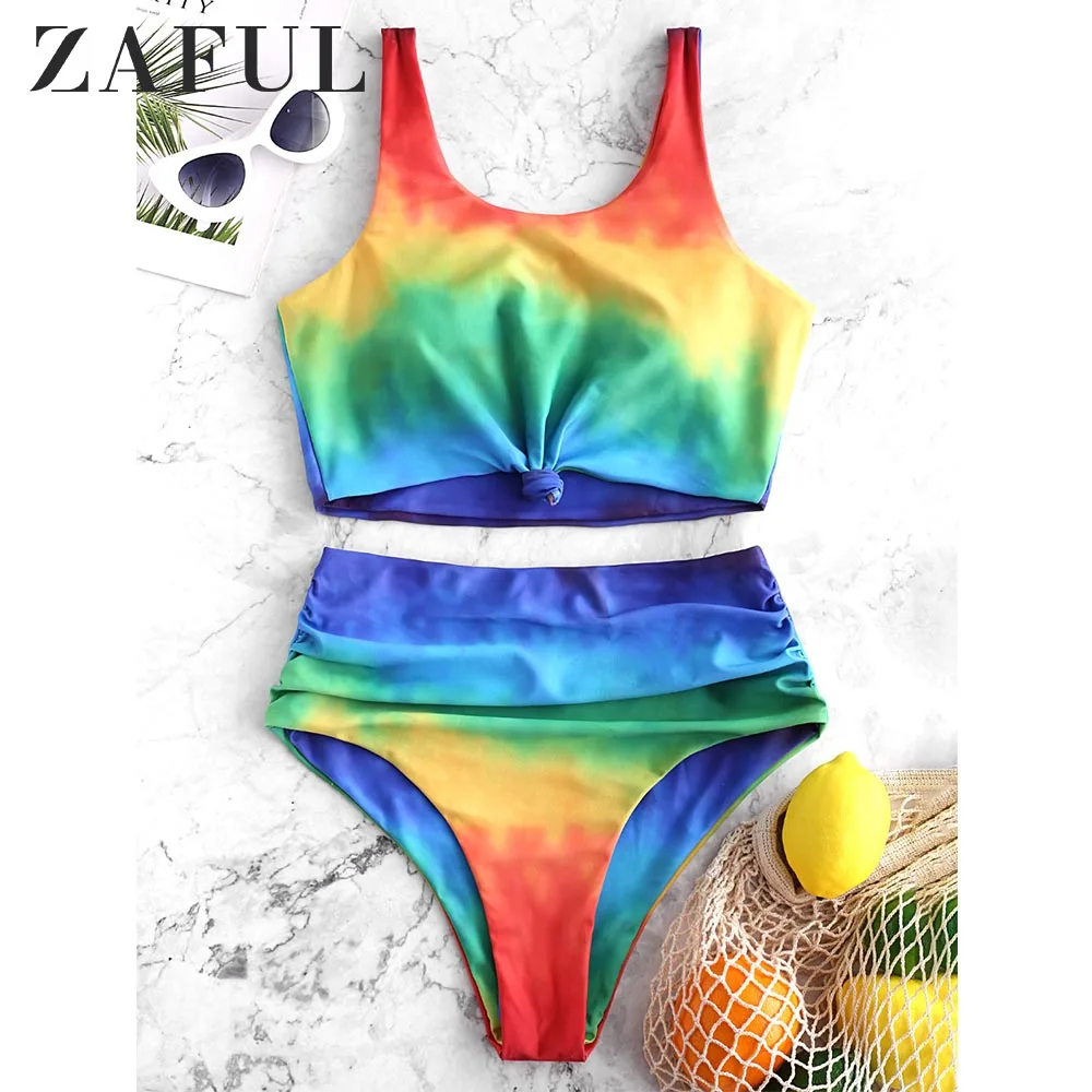 Женский купальник-танкини ZAFUL Tie Dye Knot с высокой талией женский купальный костюм