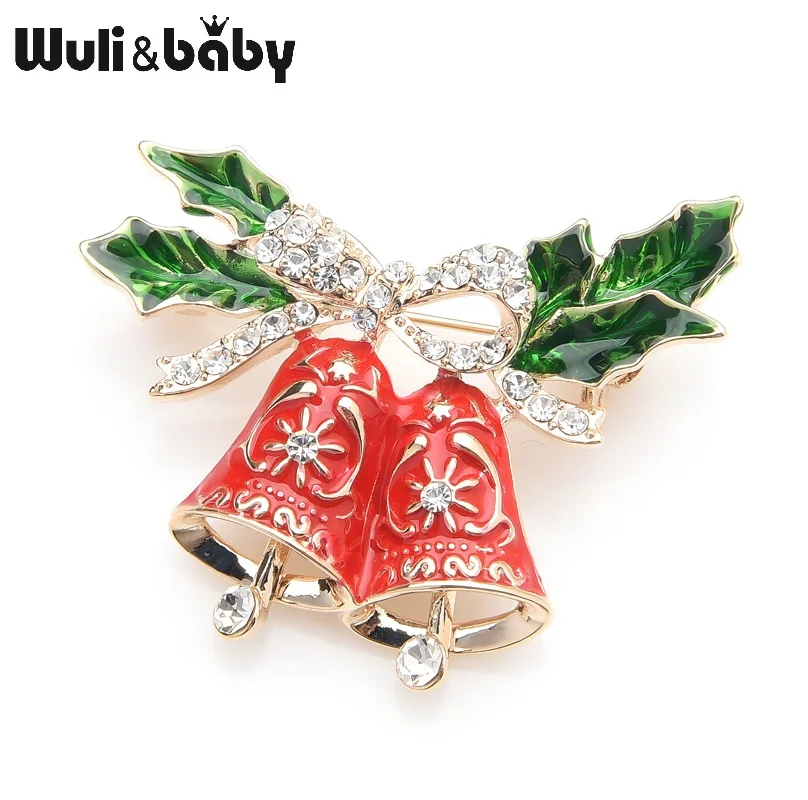 

Wuli&baby Enamel Red Jungle Bell Brooches Women Men Rhinestone Christmas Brooch Pins Gifts