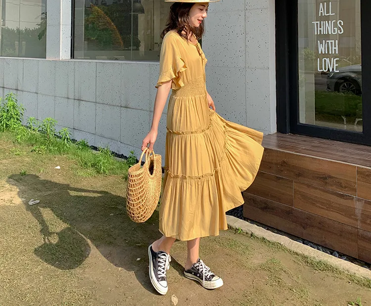 RUGOD корейское Платье макси с оборками женское Элегантное летнее пляжное платье с расклешенными рукавами Дамская мода платье с v-образным вырезом на шнуровке размера плюс