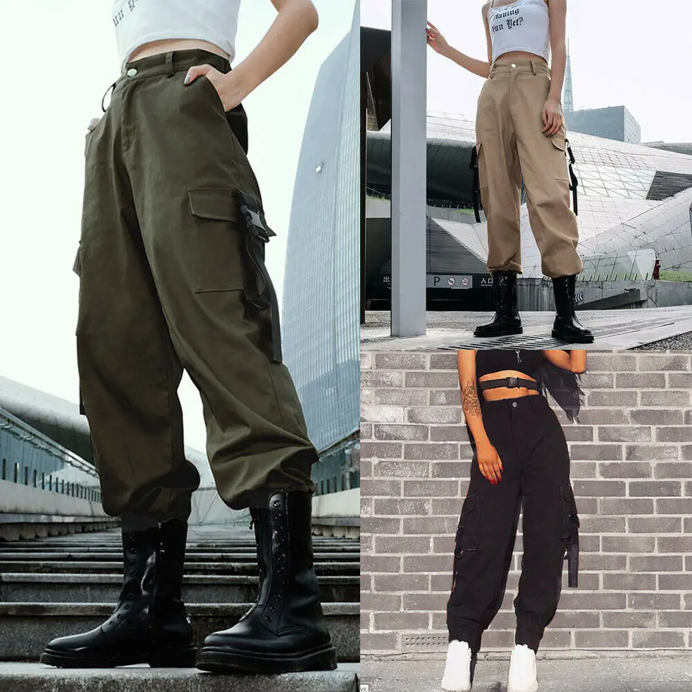 Женские модные летние повседневные брюки-карго с высокой талией в стиле хип-хоп, танцевальные Военные Брюки с карманами для бега, походов