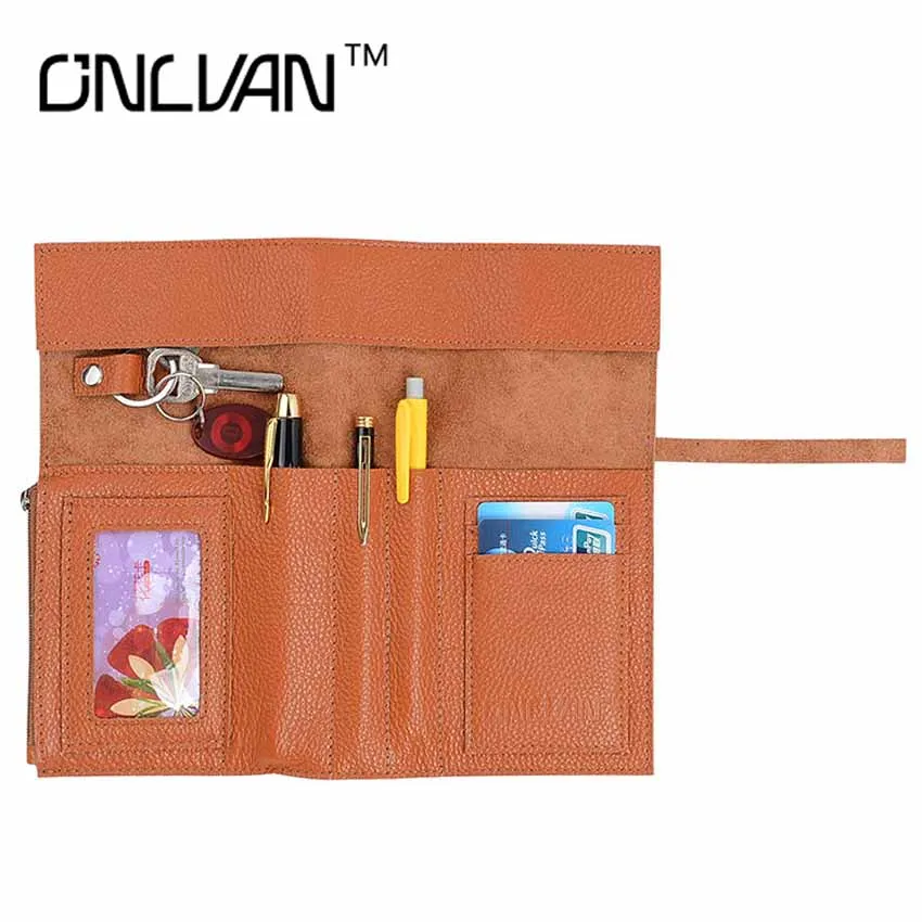 ONLVAN Genuine Leather Pen Holders Brown Color Pencil Cover Desk