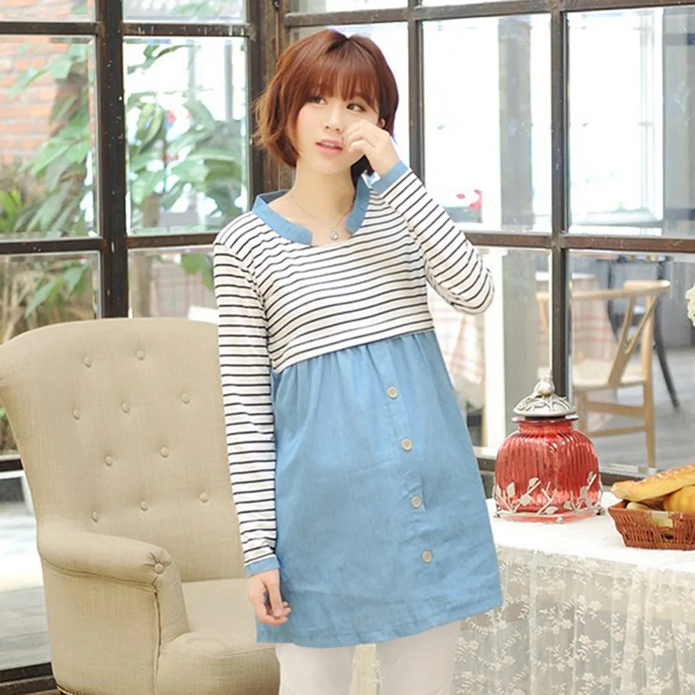 Fashion Spring Maternity Clothes Patchwork Long Sleeve Nursing T-Shirts For Pregnant Women Striped Casual Breastfeeding Tops