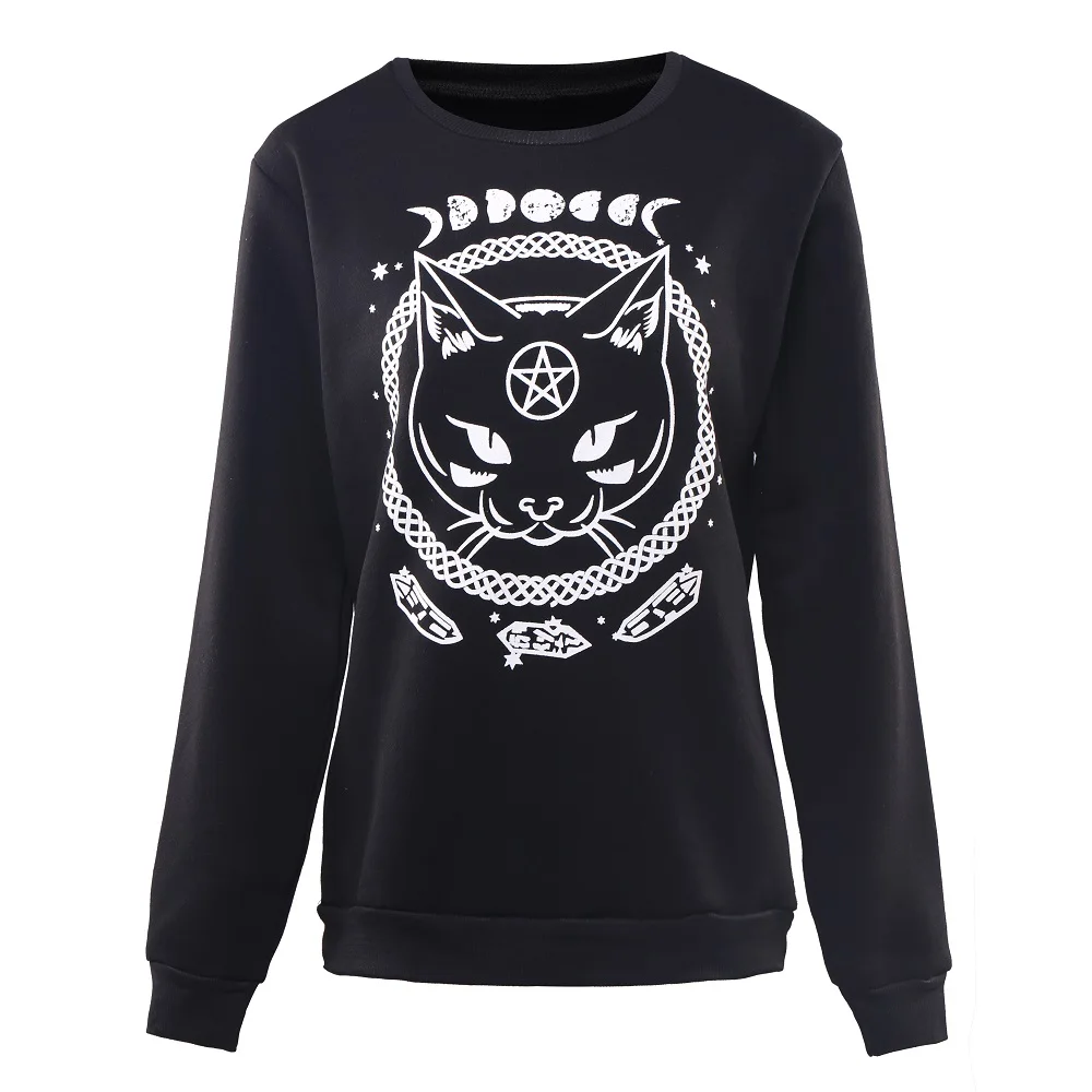 Готический Moon Phase Ведьмак кошка печатных Harajuku для женщин кофты Свободный пуловер для Готический девушка осень