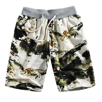 

New Beach Pants Summer Men's Fashion Casual Plus Size Ethnic Style Green Printed Loose Linen Beach Shorts Pants L413A