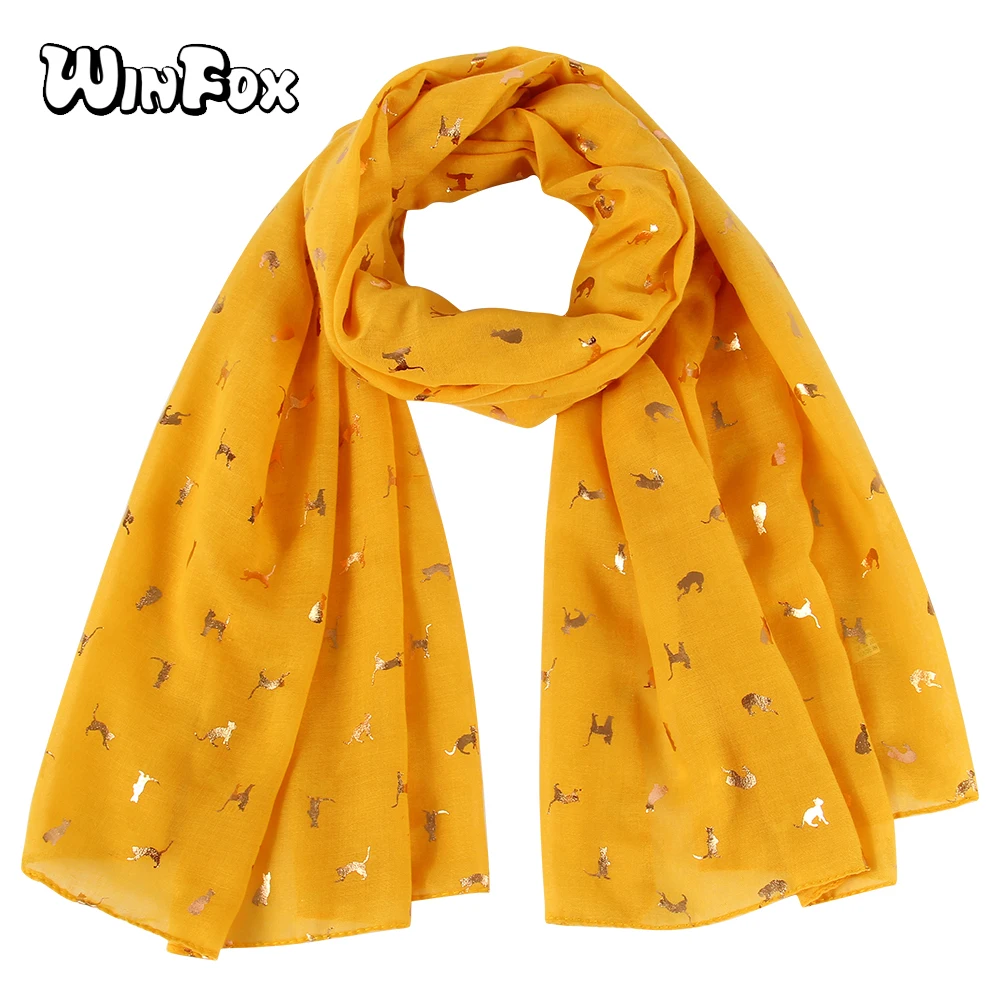 

Winfox Blue Yellow Shiny Bronzing Foil Long Scarf Women Cute Cat Print Scarves Shawls for Ladies Large Neckerchief Wraps