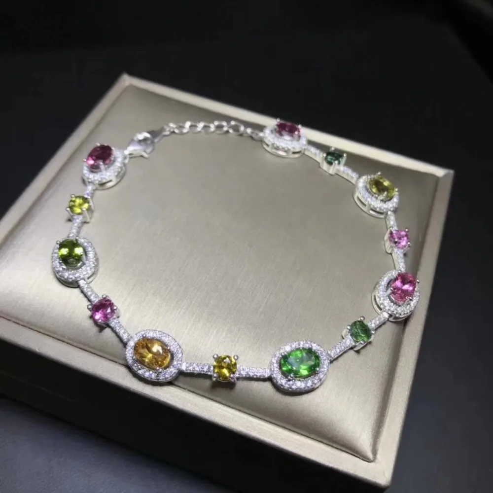 Bracelet rond en tourmaline multicolore naturelle Bracelet en pierres précieuses naturelles S925 ar