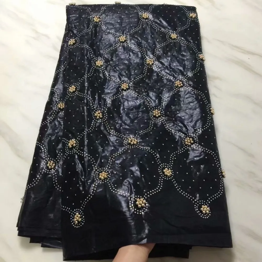 

Wholesale price 2018 New arrival Beaded african Bazin riche getzner fabric with embroidery lace Black dress material 5 yards/PC