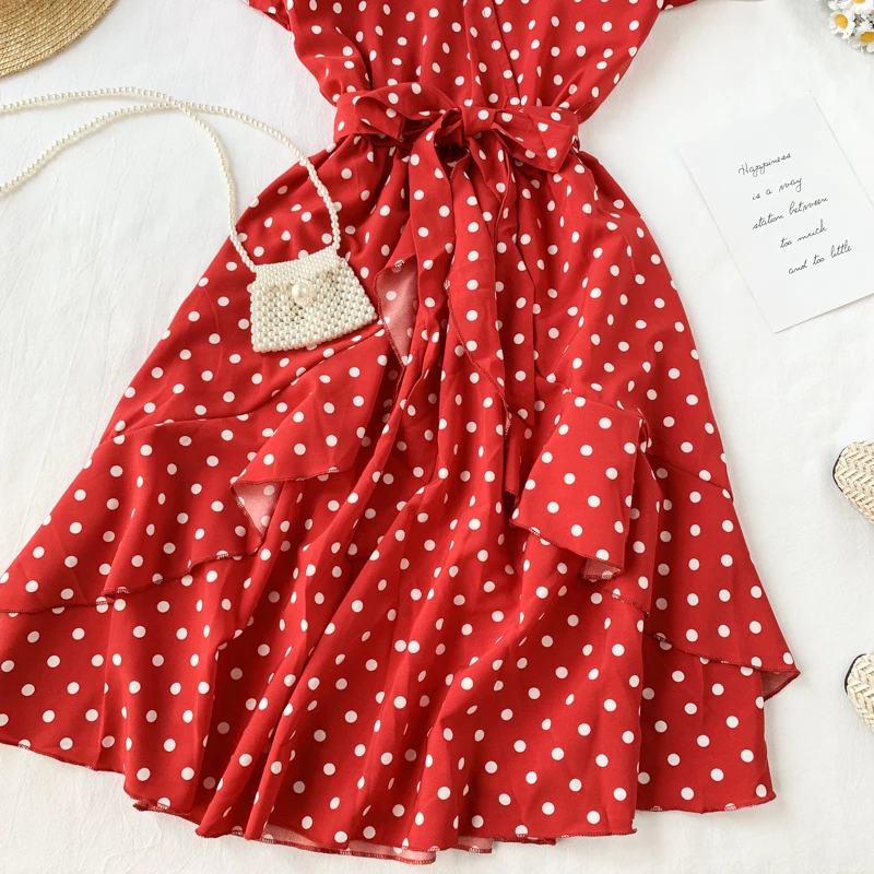 Vintage Polka Dot Print V Neck Ruffles Short Bandage Dress Chiffon Summer Party Women Casual High Waist Beach Dresses