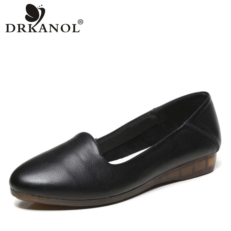 

DRKANOL 2019 Summer 100% Genuine Leather Women Flat Shoes Soft bottom Non Slip Pregnant woman loafers Slip On Female Footwear