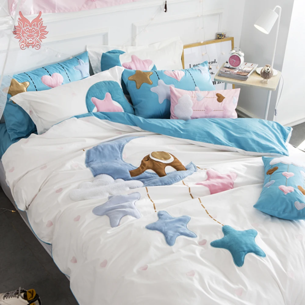 

American style cartoon sky blue star appliques embroidery 100% pure cotton bedding sets Duvet cover set 3pcs per set SP4316