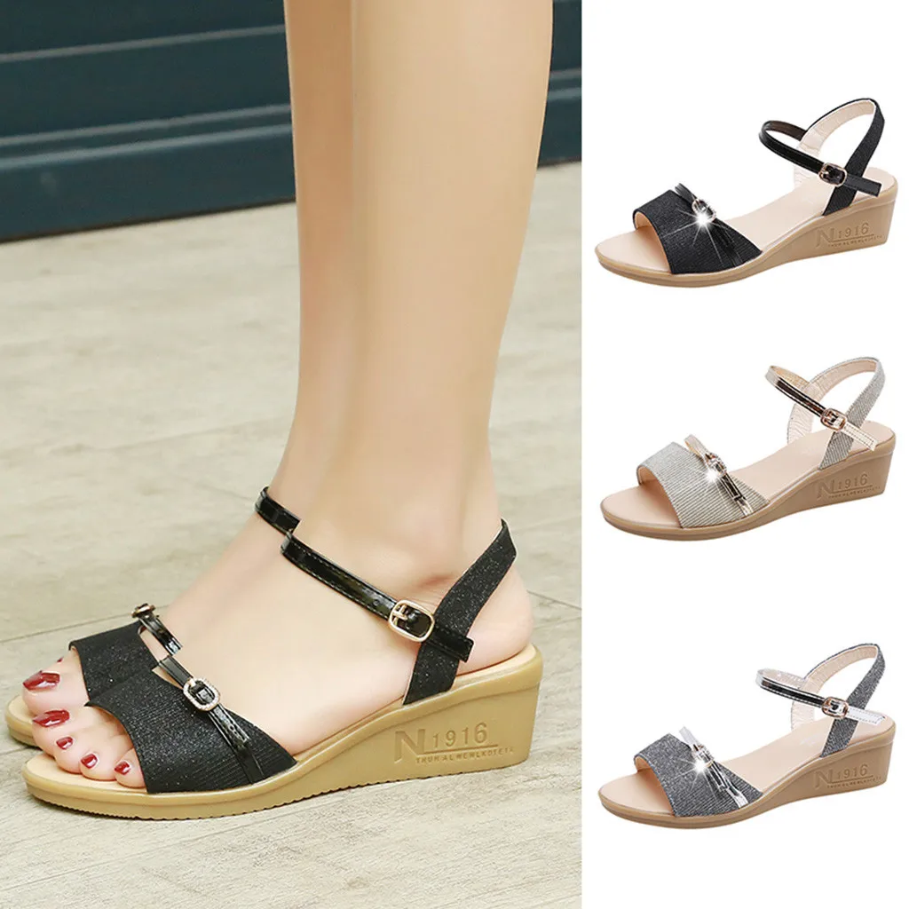 

YOUYEDIAN Women Shoes Buckle Strap Bordered Ladies Wedges High Heels Back Strap Female Sandal Elegant Sandalias Plataforma Mujer
