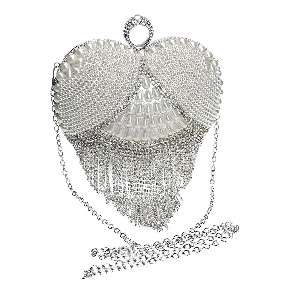 GLOIGTassel Rhinestones Evening Bag Finger Ring Diamonds Wedding Heart Clutch Handbags Chain Shoulder Party Pearl Christmas Gift