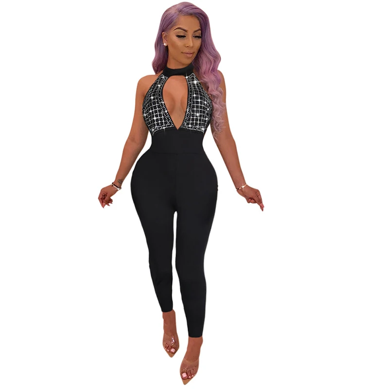 Women Sexy Bodysuit Rompers Off shoulder Sleeveless Open Up Jumpsuits Casual Solid Diamonds Halter Jumpsuit Clubwear Party | Женская