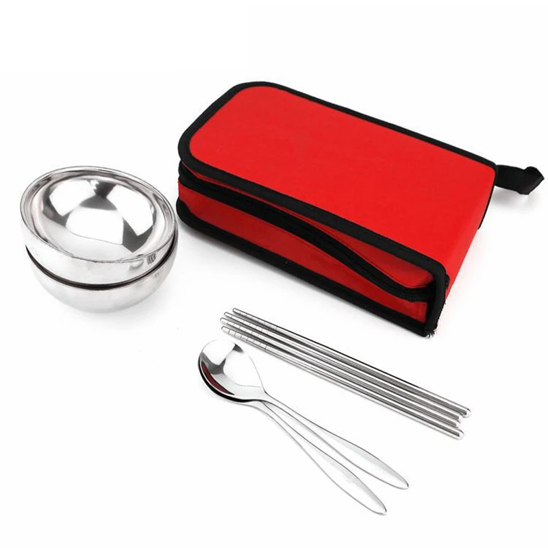 Juego de vajilla de acero inoxidable tri-polar cuencos tenedor cucharas palillos vajilla con bolsa de almacenamiento para Camping Picnic Cocina