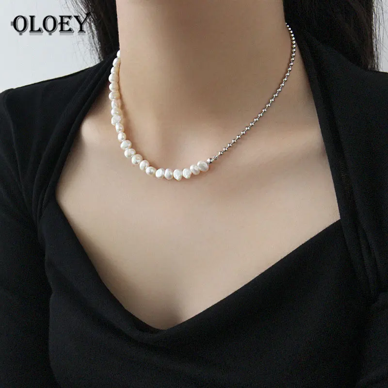 

OLOEY Irregular Baroque Freshwater Pearl Choker Necklaces for Women 100% Authentic 925 Sterling Silver Bead Necklace Gift YMN137