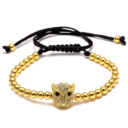 Rinhoo Ручной работы Бусины голова леопарда Плетеный Шарм макраме обёрточная Бумага шнур бисером регулируемый браслет на запястье ювелирные изделия для мужчин и женщин - Окраска металла: Gold