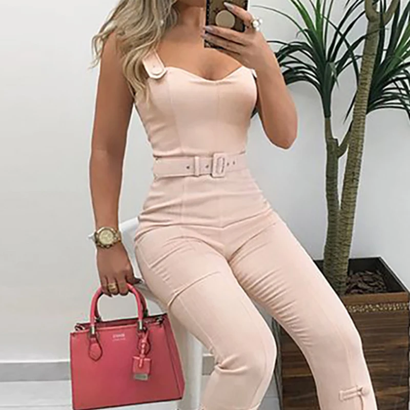 

Buttom Leg Belted Jumpsuit For Women 2019 Spaghetti Strap Long Jumpsuit High Waist Pants Womens Rompers Summer Bodysuit Overalls