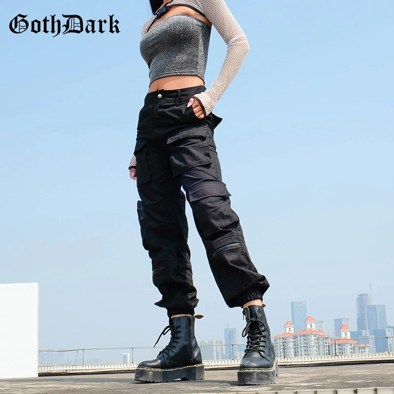 Goth Dark Black High Waist Pleated Gothic Trousers Pockets Harajuku Autumn 2019 Fashion Cargo Pants Patchwork Zipper Asymmetric Goth Dark Black High Waist Pleated Gothic Trousers Pockets Harajuku Autumn 2019 Fashion Cargo Pants Patchwork Zipper Asymmetric