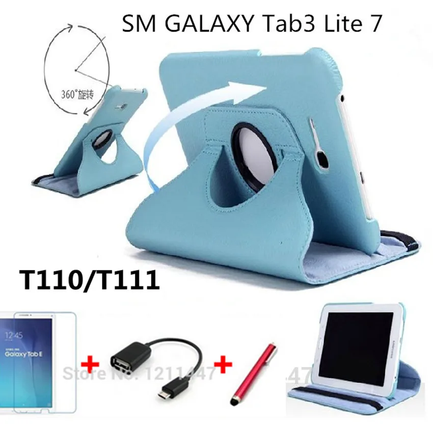 

360 Rotating Smart Cover for samsung galaxy tab 3 7.0 lite case sm-t110 t111 PU Leather 7 inch Tablet +screen protector+pen+otg