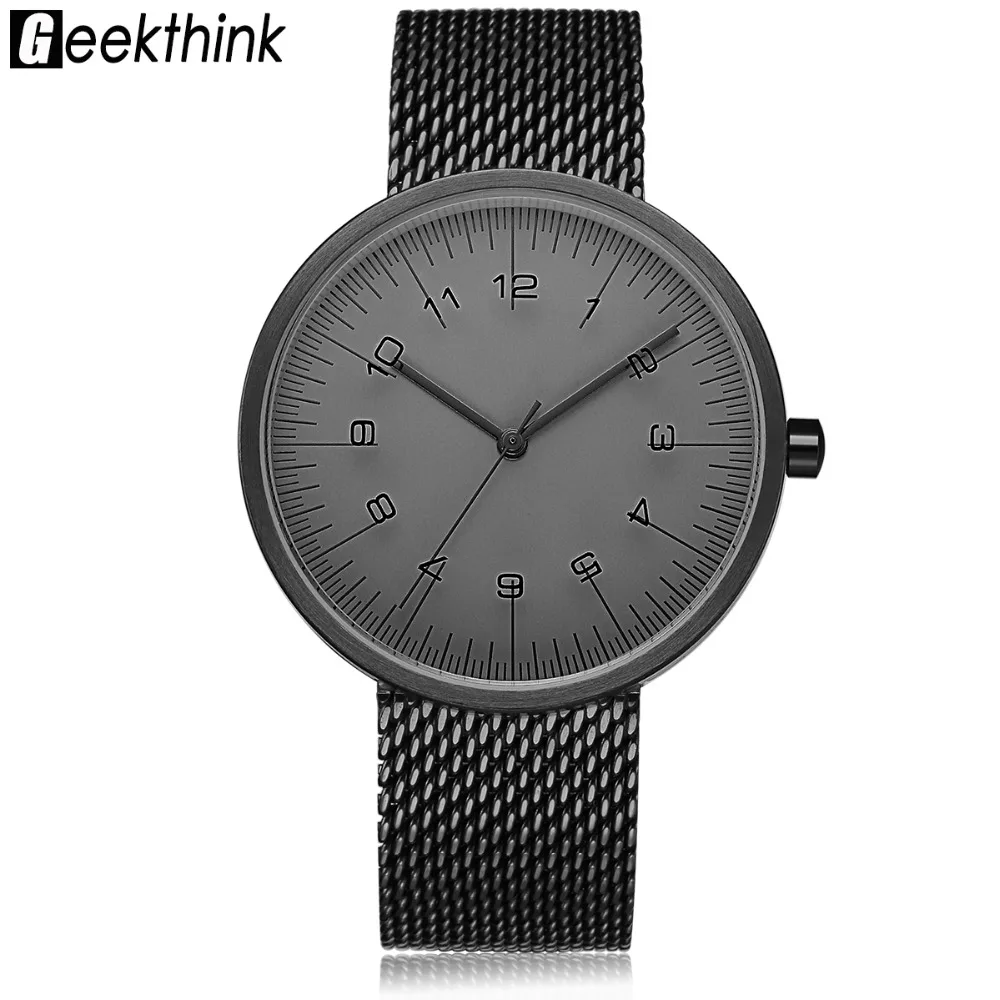 

GEEKTHINK Top Luxury Brand Quartz watch men Black Casual Japan quartz-watch stainless steel Mesh Band Creative clock male