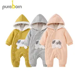 Детский комбинезон Pureborn, теплая плотная детская одежда, хлопковый комбинезон для новорожденных, комбинезон с капюшоном, костюм для