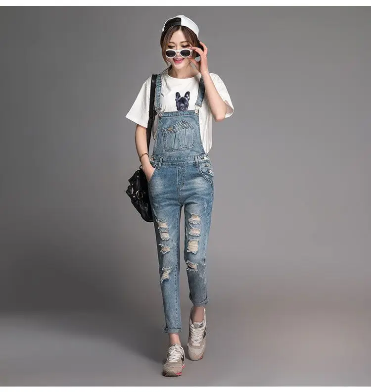 

Fall Spring Boyfriend style Loose Denim Overalls Ripped hole Jeans Rompers Plus Size 7XL Jumpsuit Destructed Cargo Pants 92807