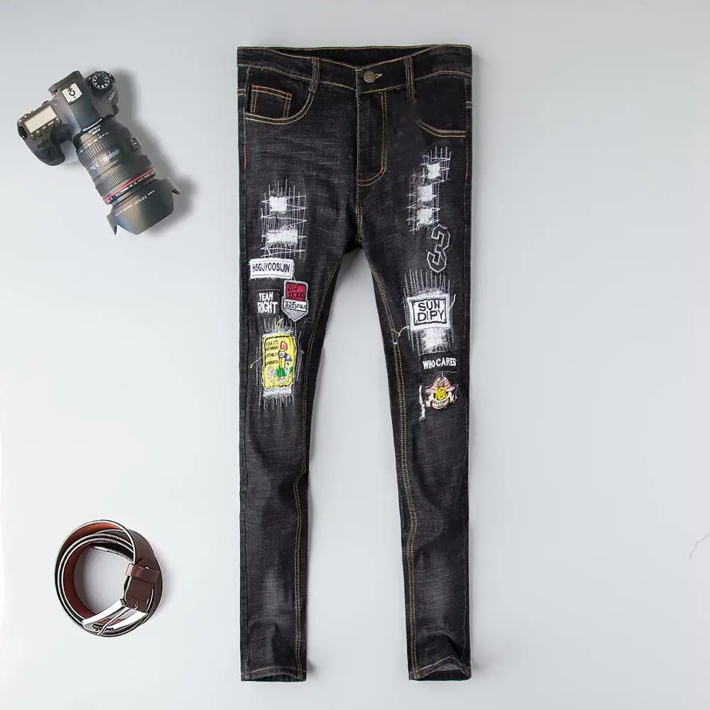 Обтягивающие джинсы для мужчин Лидер продаж Молния Fly Средний Новинка джинсовые мотоциклетные брюки бренд вышивка Череп Байкер животное полная длина