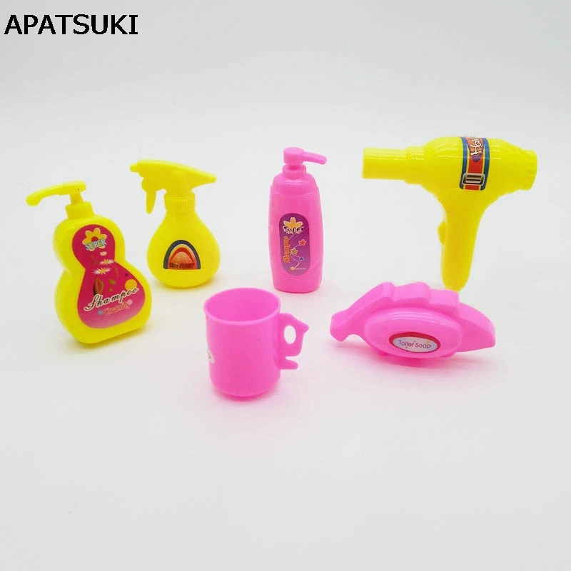 

6pcs/lot Mini Doll Accessories Bathroom Product Accessory For Barbie Doll House Hair Dryer Bath Soap Cup Kids Toy