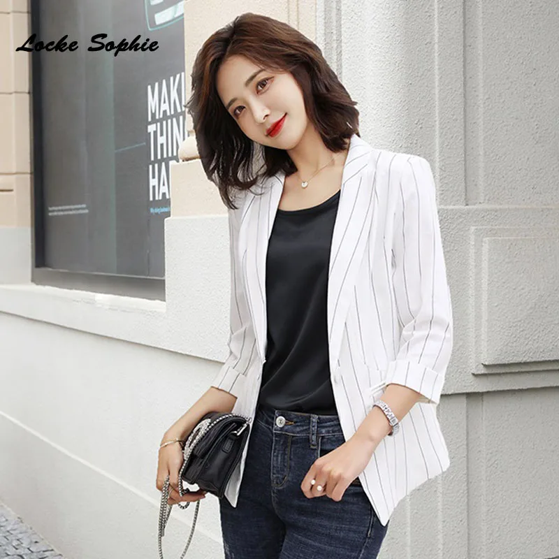1pcs Women Plus size Blazers coats 2019 Summer cotton blend stripe Slim fit Small Suits jackets ladies Skinny Blazers Suits coat