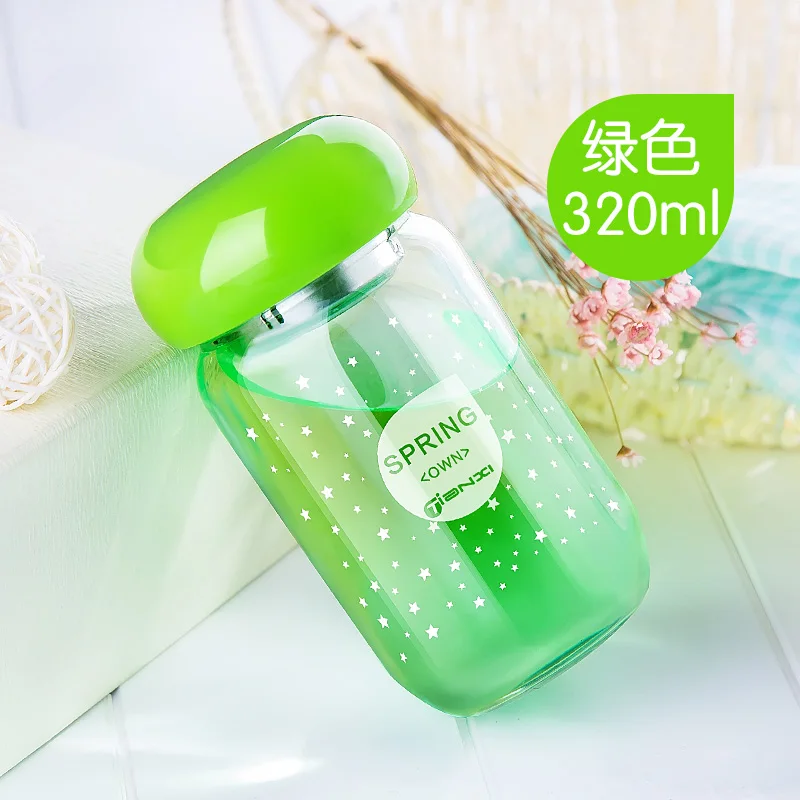 320 мл бутылки для воды Tianxi стеклянная портативная креативная крышка чайник милый детский стеклянный студенческий прозрачный герметичный горшок - Цвет: 320ml green