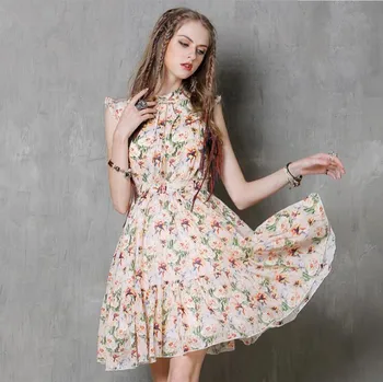 

2019 Women Fashion Floral Vintage Pleat Swing Dresses Summer Sleeveless Zipper Sashes Dress Stand Collar Retro Party Casual Dres