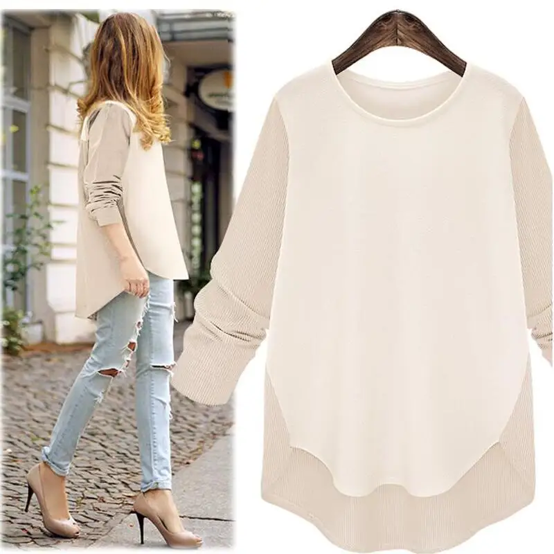 Vente Automne 2018 Nouvelles Femmes Blouses Sexy Occasionnel Lâche Femmes Tops Manches Longues O cou Patchwork Chemises Plus La Taille Blusas Femininas XL 5XL