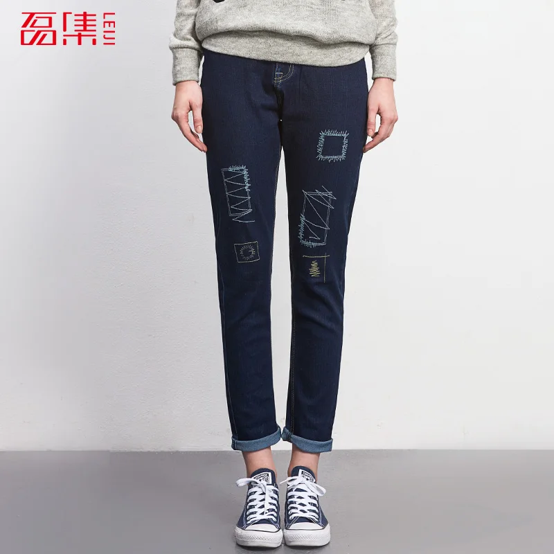 

2017 LEIJIJEANS Jeans women mid elastic dark blue plus size jeans with Embroidery pants full length loose style straight Fat MM