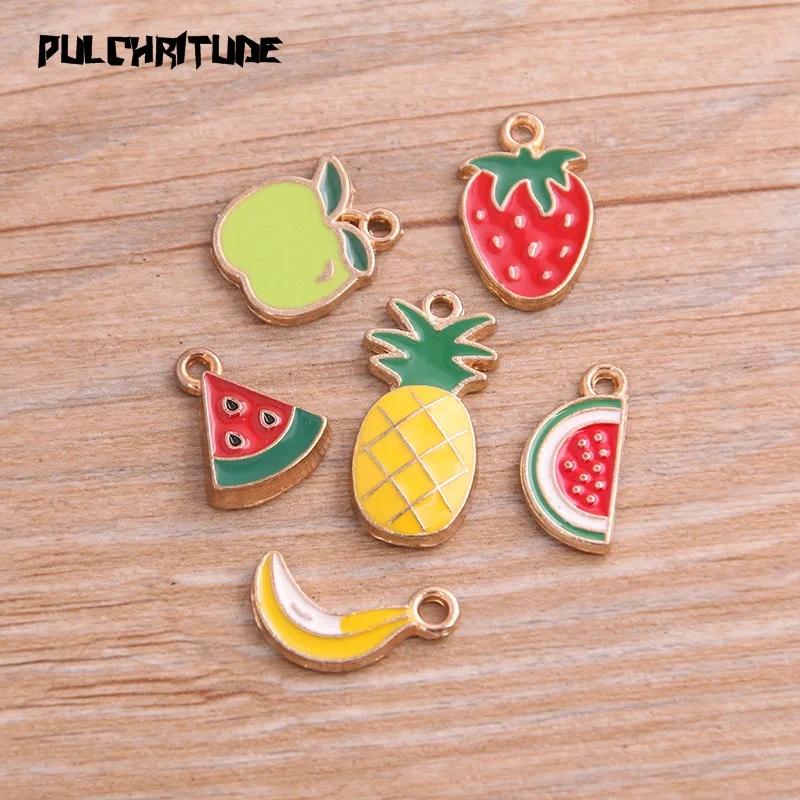 

PULCHRITUDE 8pcs 6 Styles Alloy Metal Drop Oil Fruit Watermelon Apple Charms Pendant For DIY Bracelet Necklace Jewelry Making