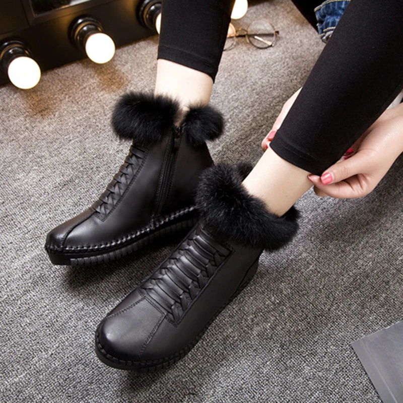 

woman shoes Rabbit Fur Winter Boots Genuine Leather Women's Boots Female Snow Plush Ankle Boots Zip Zapatos Mujer Botas sy452