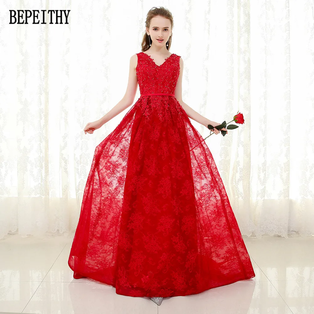 

BEPEITHY New Arrival Vestido De Festa Robe De Soiree V-Neck Red Lace Appliques Party Elegant A-Line Long Evening Dresses 2019
