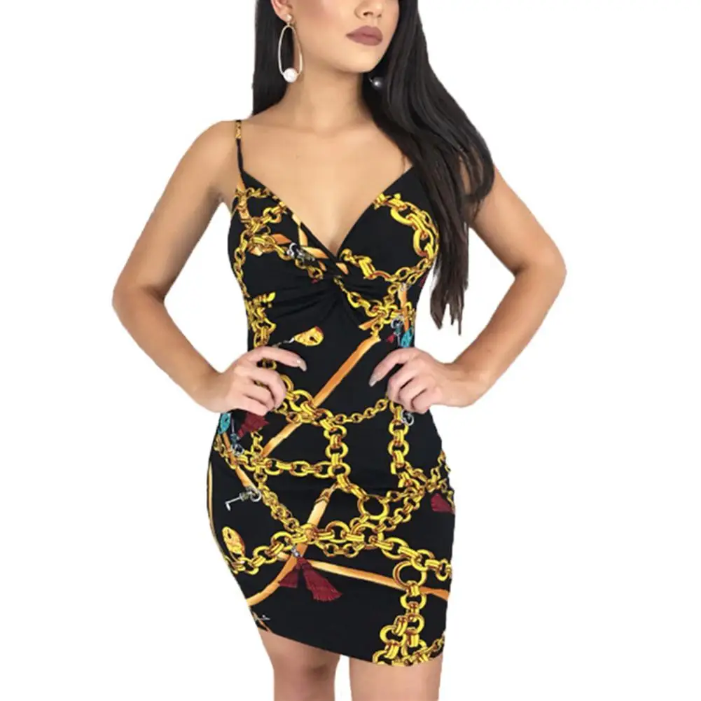 MISSKY 2018 المرأة السباغيتي حزام V سلسلة عنق المطبوعة Bodycon البسيطة اللباس