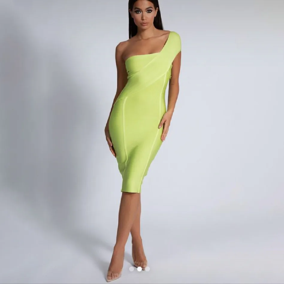 

summer knitted sleeveless lime green one shoulder bodycon new fashion 2019 knee length sexy women celebrities bandage dress