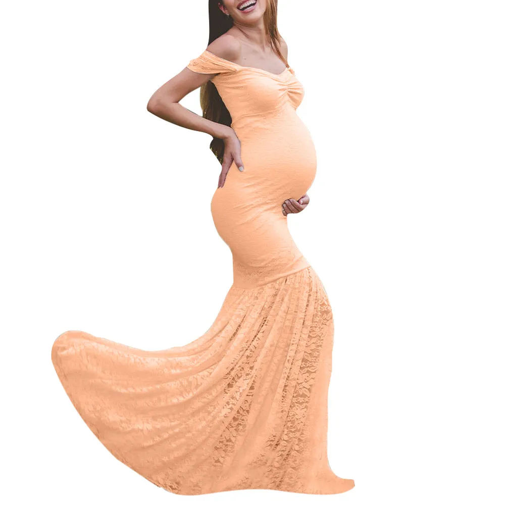 LONSANT платье для беременных женщин с открытыми плечами платье русалки для женщин s Pregnants Сексуальная фотография Реквизит кружева кормящих длинное платье - Цвет: Розовый
