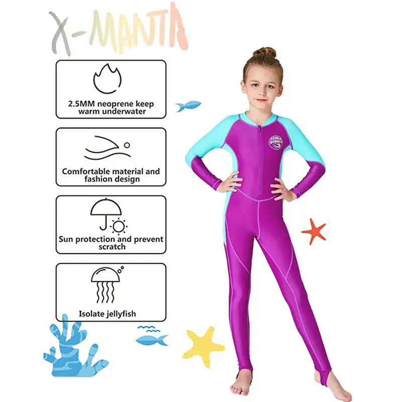 Детский фиолетово-розовый гидрокостюм с длинным рукавом, защита от УФ-лучей, дышащие цельные костюмы, Солнцезащитный купальник на молнии