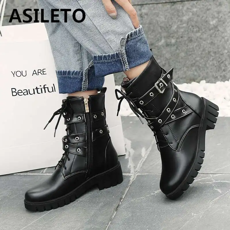 

ASILETO size 33-44 Gothic women's ankle boots platform square mid heels shoes female riding motocross booties zipper lace up