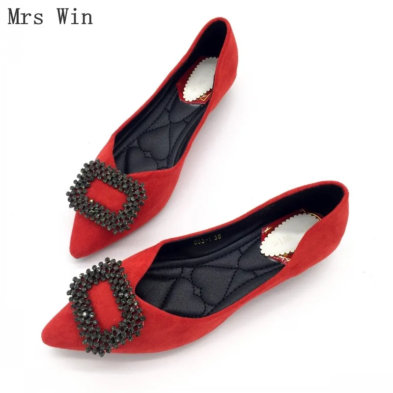 

RED 2019 Fashion Women Flats Shoes Crystal Pointed Toe Flock Ladies Female Ballet Flats Shoes Slip-on Woman Single Shoes