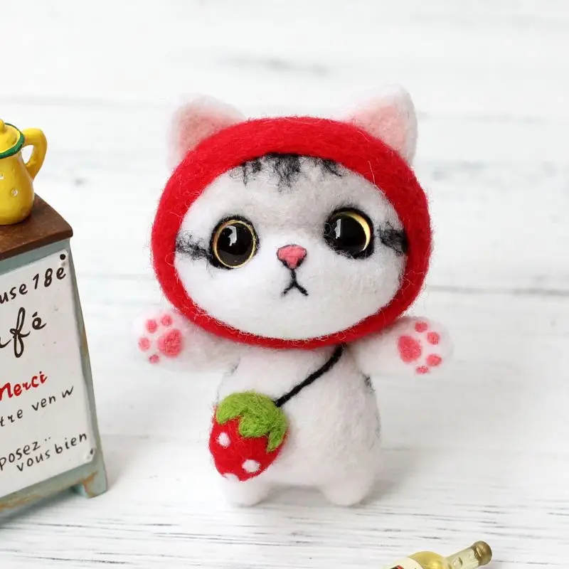 

Cat Doll With Strawberry Wool Felt Craft DIY Non Finished Poked Set Handcraft Kit For Needle Material Bag Pack