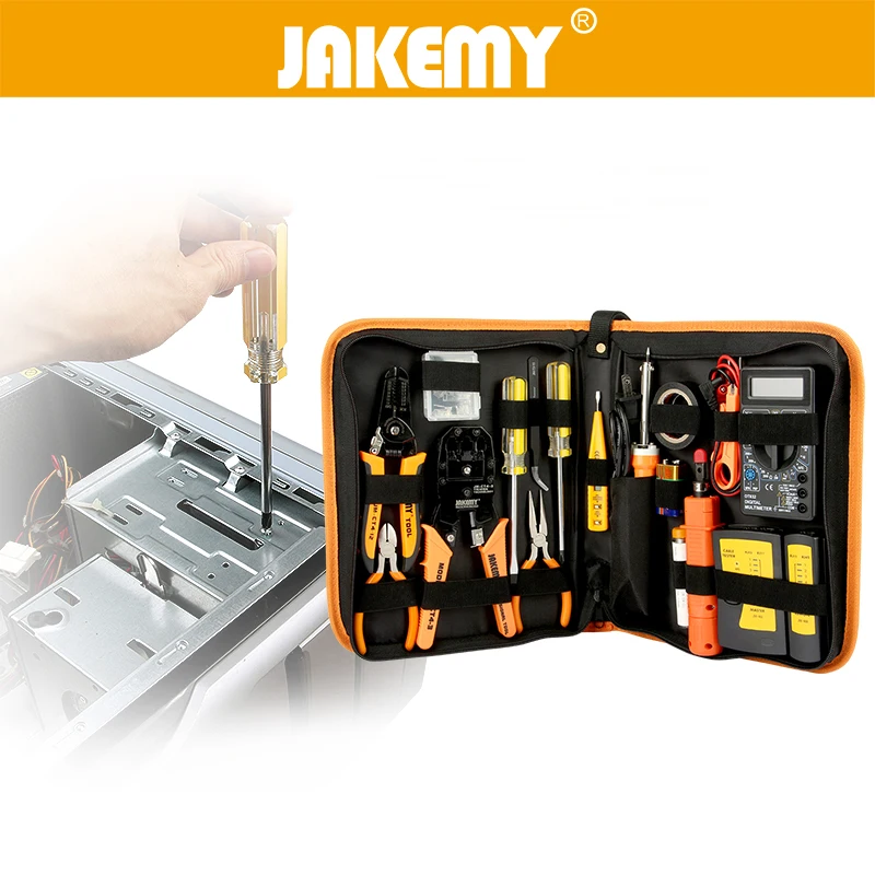 

JAKEMY 17 in 1 Electronic Maintenance Tools Set Soldering Iron Metal Spudger Pliers Tweezers Digital Multimeter Repair Tools Kit