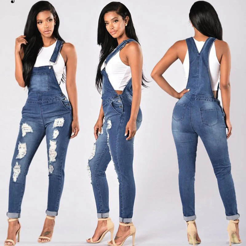 

sexy Women Jumpsuit Denim Overalls 2018 Spring Autumn Black Strap Ripped Pockets Full Length Denim Jeans Jumpsuit casual wear