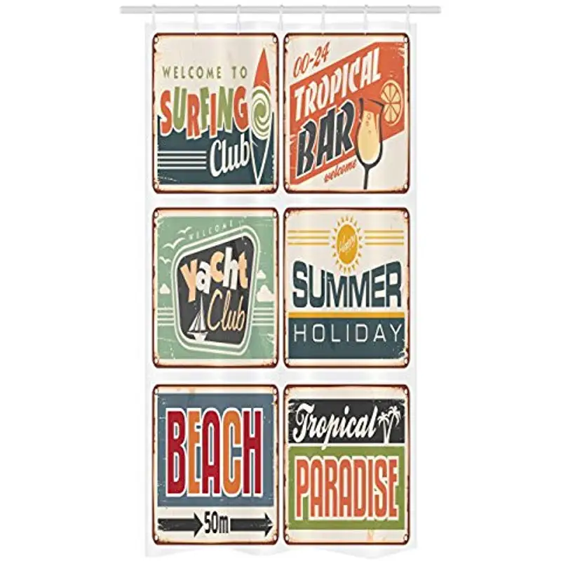 

Vixm Retro Stall Shower Curtain Summer Holiday Vintage Camping Beach Sign Boards in Old Style Faint Art Fabric Bath Curtains