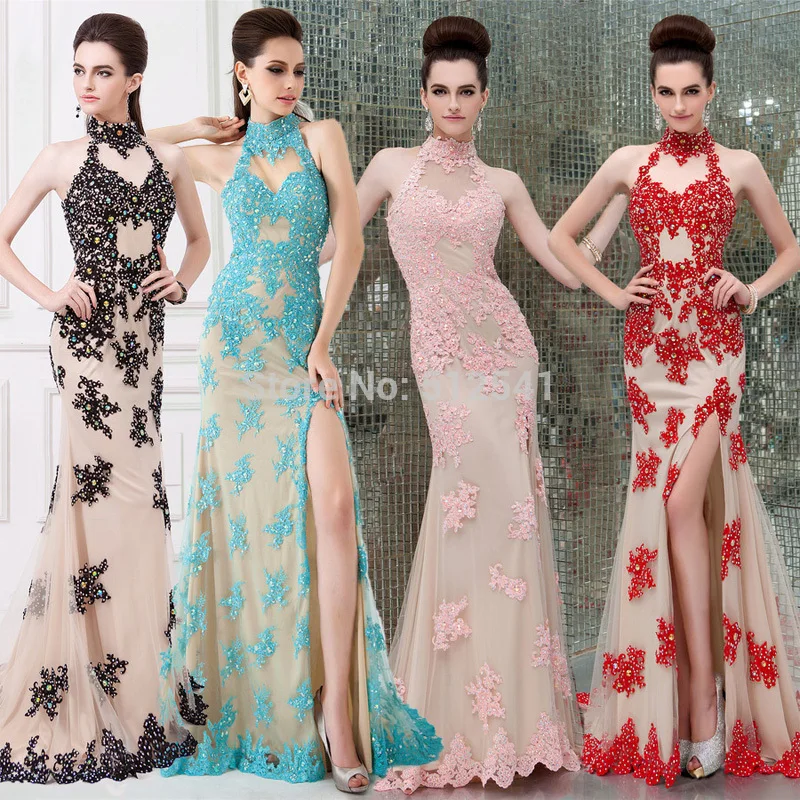 

Cheap Prom Dresses Mermaid Trumpet Halter Rhinestone Applique Beads Side Split Backless Women Gown yk1A621