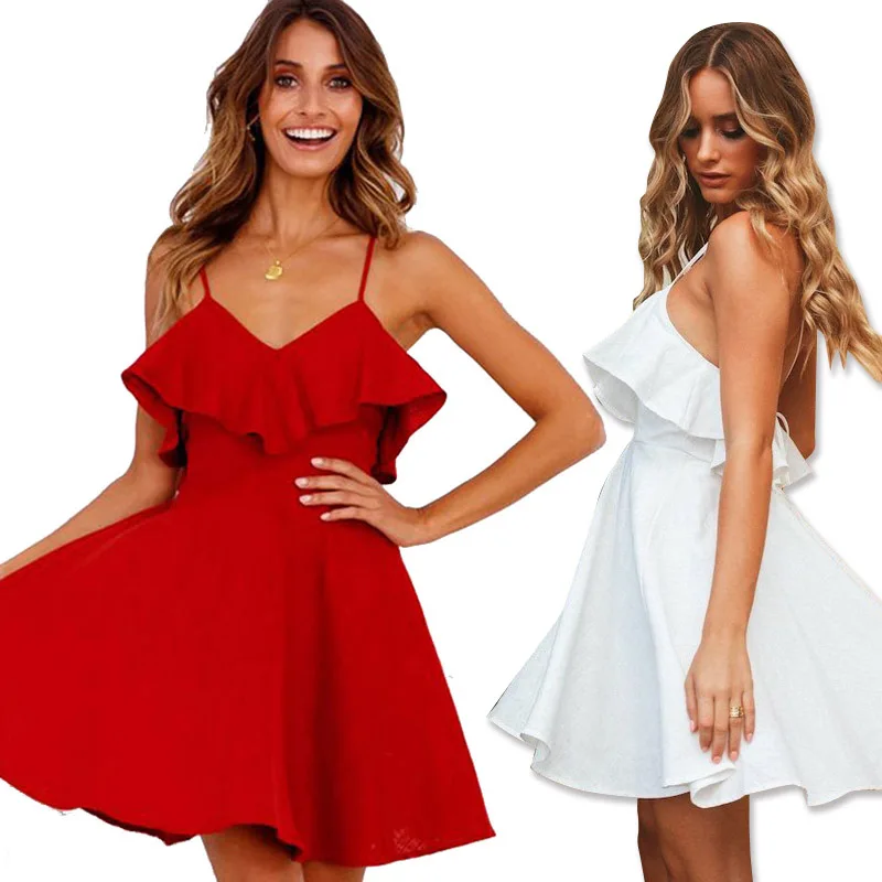 Hot Women's Summer Sundress 2020 Sexy Club Backless Dress Spaghetti Strap Ruffle Bandage Mini Dresses Red Party Female Vestidos | Женская